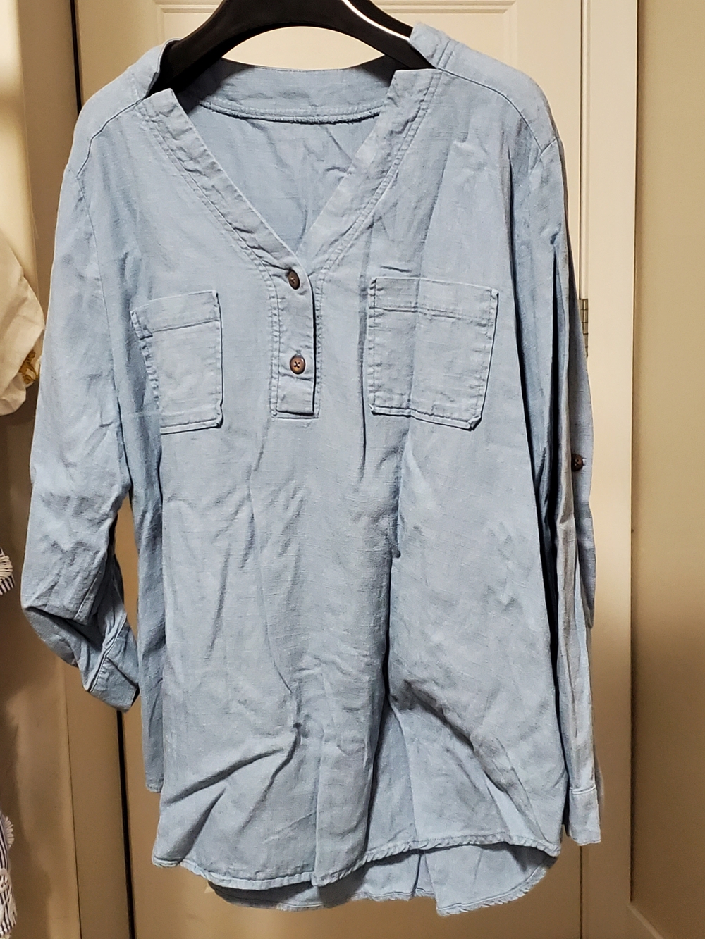Light Blue V Neck Shirt - Casual Long Sleeve M-L
